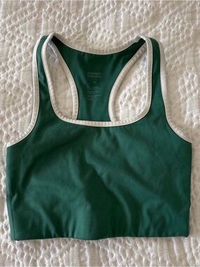 girlfriend collective deep green sports bra with white trim